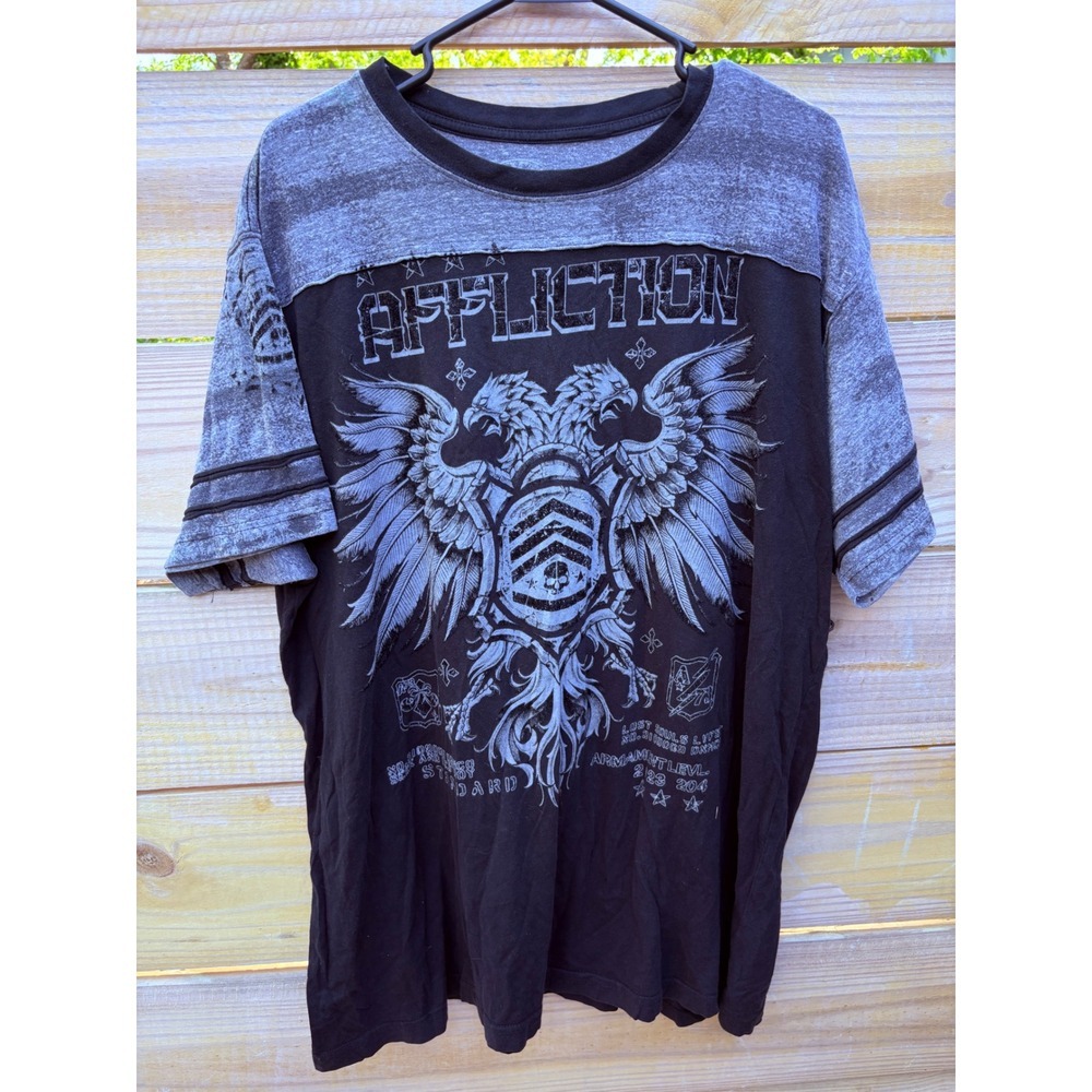 Affliction Mens 3XL T-Shirt Black Grey Double Eagle Crest Graphic Distressed Tee